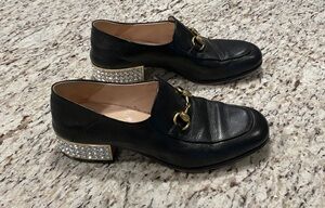 Gucci Brixton Horsebit Loafer with Crystal Embellished Heel — Black Leather — Si